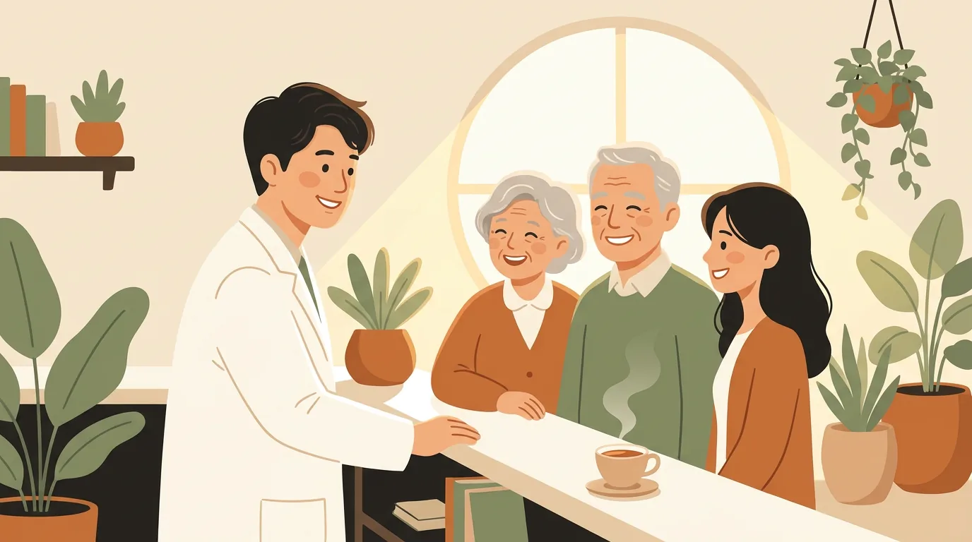 클리닉에서 가족을 맞이하는 의사 일러스트